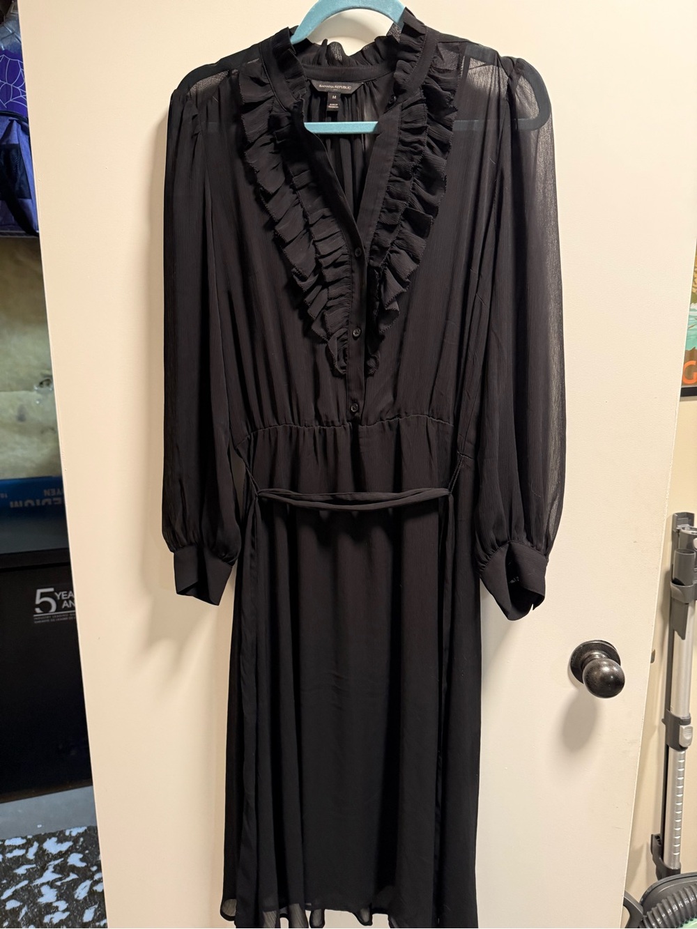 Banana Republic Black Ruffle V-Neck Long Sleeve Dress